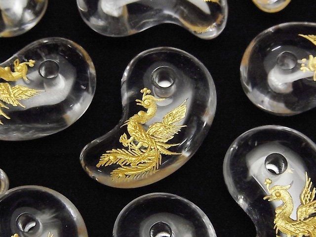 [Video] Golden! Phoenix Carved! Crystal Comma Shaped Bead 30x20mm 1pc