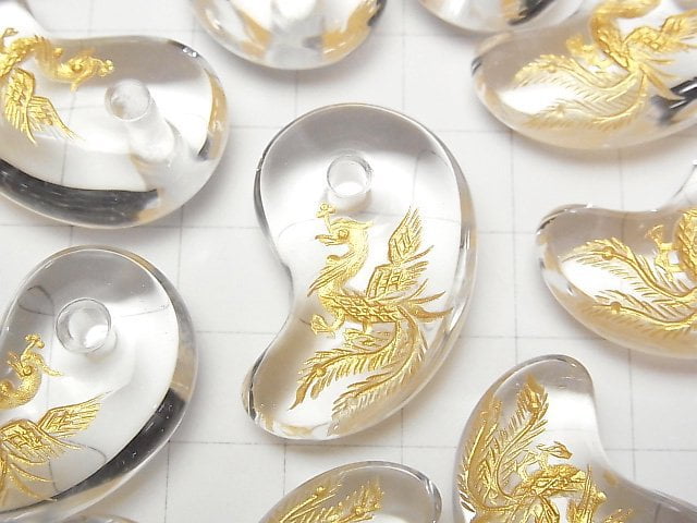 [Video]Golden! Carved Phoenix! Crystal Comma Shaped Bead 30x20x10mm 1pc