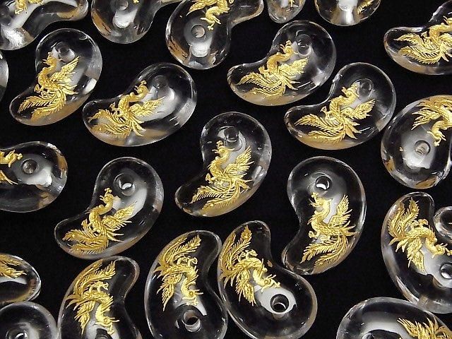 [Video] Golden! Phoenix Carved! Crystal Comma Shaped Bead 30x20mm 1pc