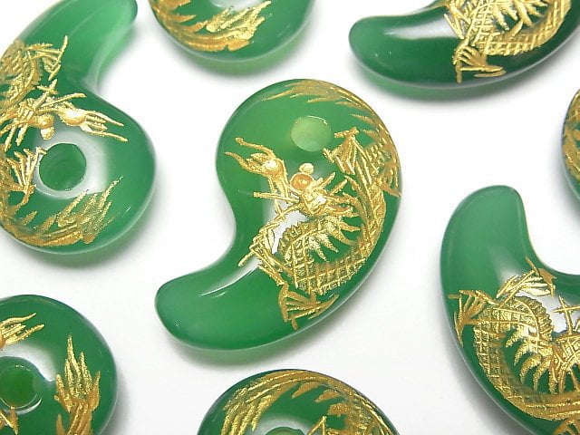 [Video]Gold! Carved Dragon (Four Divine Beasts)! Green Onyx Comma Shaped Bead 30x19x9mm 1pc