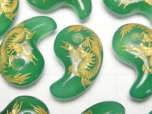 [Video]Gold! Carved Dragon (Four Divine Beasts)! Green Onyx Comma Shaped Bead 30x19x9mm 1pc