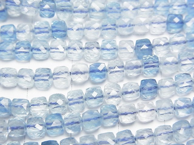 [Video] High Quality! Aquamarine AAA- Cube Shape 4x4x4mm half or 1strand beads (aprx.15inch/36cm)