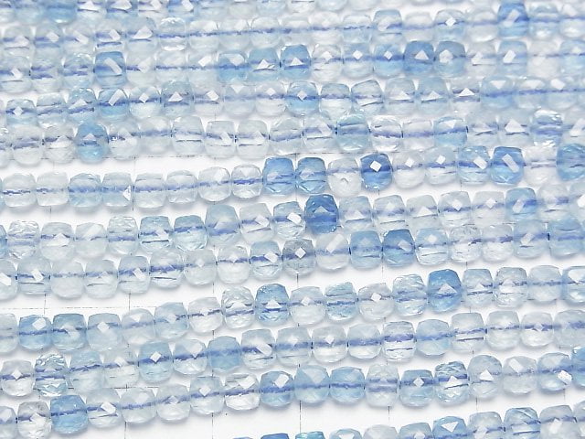 [Video] High Quality! Aquamarine AAA- Cube Shape 4x4x4mm half or 1strand beads (aprx.15inch/36cm)