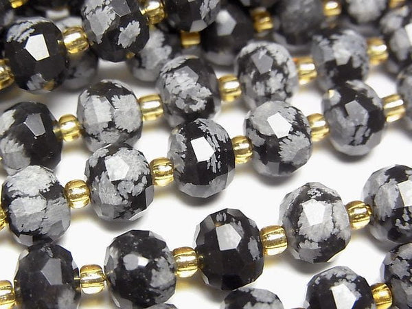 [Video]High Quality! Snowflake Obsidian Faceted Button Roundel 8x8x6mm 1strand beads (aprx.15inch/37cm)