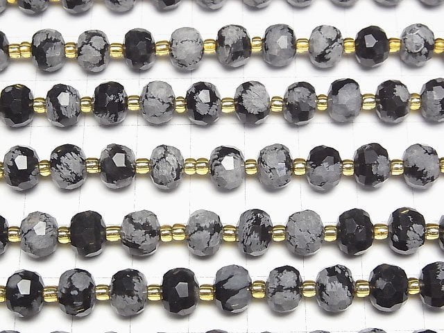 [Video]High Quality! Snowflake Obsidian Faceted Button Roundel 8x8x6mm 1strand beads (aprx.15inch/37cm)