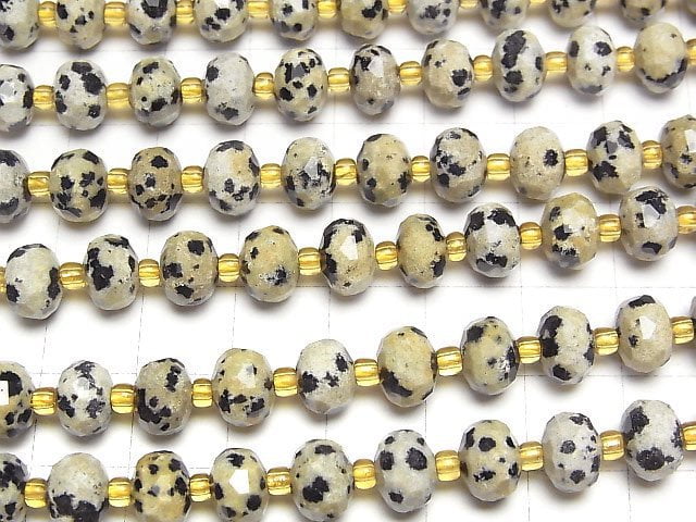 [Video]High Quality! Dalmatian Jasper Faceted Button Roundel 8x8x6mm 1strand beads (aprx.15inch/36cm)