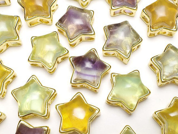 [Video] Multi-color Fluorite AAA- Bezel Setting Star Motif Through Type Gold color 15mm 3pcs