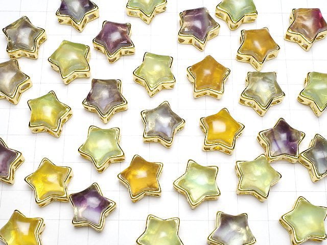 [Video] Multi-color Fluorite AAA- Bezel Setting Star Motif Through Type Gold color 15mm 3pcs