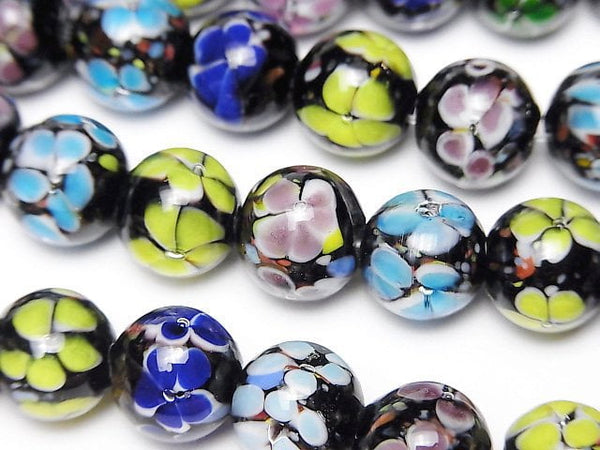 Lampwork Beads Round 10mm [Multicolor x Flower] 1/4 or 1strand beads (aprx.15inch/36cm)