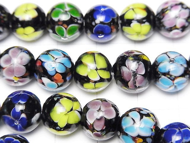 Lampwork Beads Round 10mm [Multicolor x Flower] 1/4 or 1strand beads (aprx.15inch/36cm)