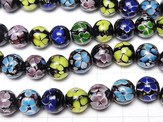 Lampwork Beads Round 10mm [Multicolor x Flower] 1/4 or 1strand beads (aprx.15inch/36cm)