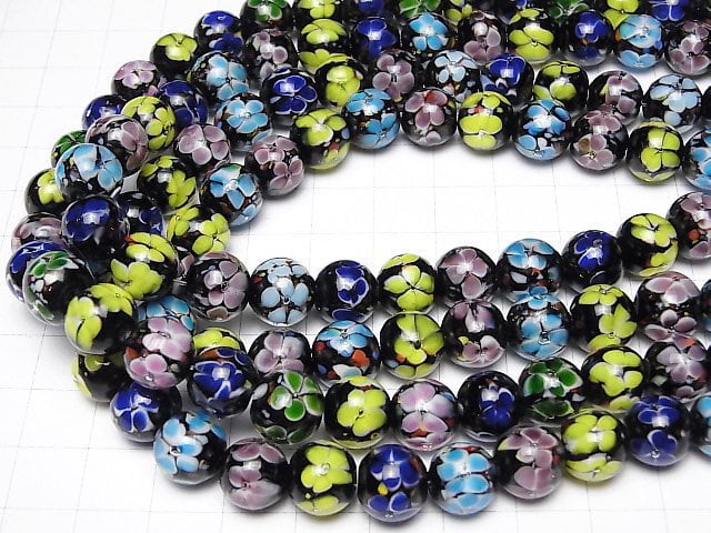 Lampwork Beads Round 10mm [Multicolor x Flower] 1/4 or 1strand beads (aprx.15inch/36cm)