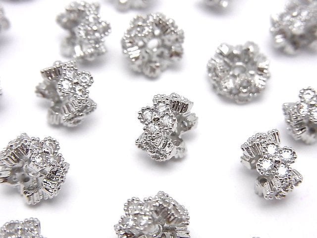 Metal parts Flower Roundel 8.5x8.5x5mm (with CZ) Silver color 2pcs