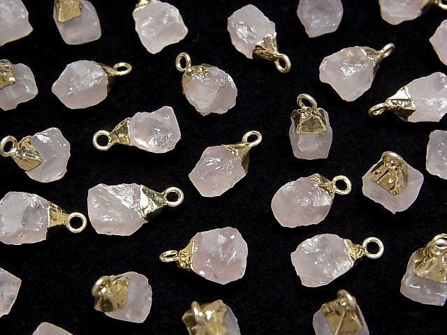 [Video] Rose Quartz Rough Rock Charm Gold color 2pcs