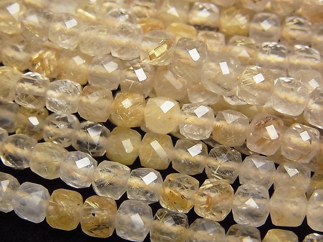 [Video]High Quality! Rutilated Quartz AA+ Cube Shape 4.5x4.5x4.5mm 1strand beads (aprx.15inch/37cm)