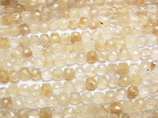 [Video]High Quality! Rutilated Quartz AA+ Cube Shape 4.5x4.5x4.5mm 1strand beads (aprx.15inch/37cm)