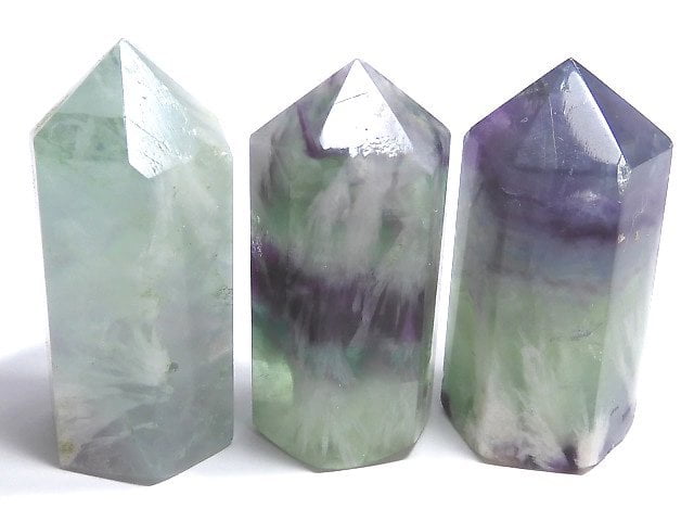 [Video][One of a kind] Angel Feather Fluorite Hexagonal Pillar 3pcs Set NO.6