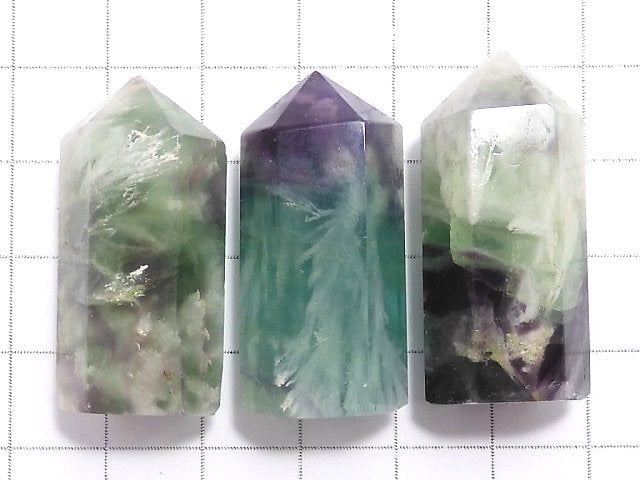 [Video][One of a kind] Angel Feather Fluorite Hexagonal Pillar 3pcs Set NO.7