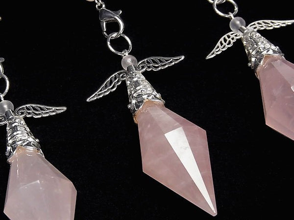 [Video]Rose Quartz AAA- Pendulum 60x19x19mm with chain Silver color 1pc