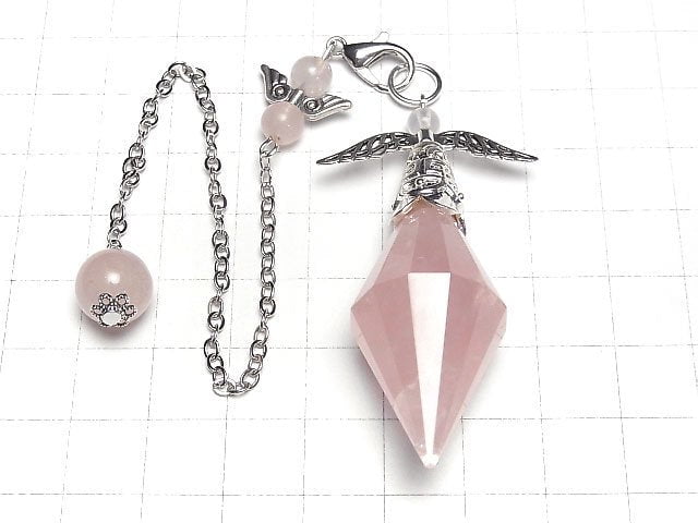 [Video]Rose Quartz AAA- Pendulum 60x19x19mm with chain Silver color 1pc