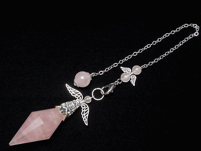 [Video]Rose Quartz AAA- Pendulum 60x19x19mm with chain Silver color 1pc