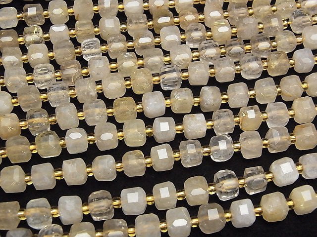 [Video]High Quality! Rutilated Quartz AA Cube Shape 7x7x7mm 1strand beads (aprx.14inch/35cm)