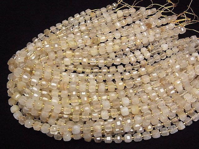 [Video]High Quality! Rutilated Quartz AA Cube Shape 7x7x7mm 1strand beads (aprx.14inch/35cm)