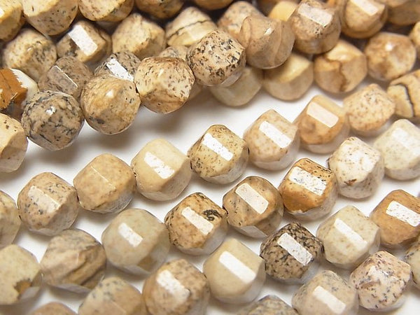 [Video]High Quality! Picture Jasper Twist x Multiple Facets 6x5.5x5.5mm 1strand beads (aprx.15inch/37cm)