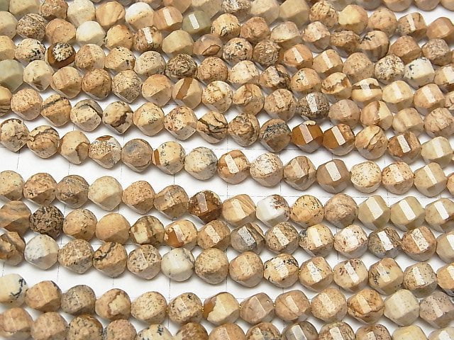 [Video]High Quality! Picture Jasper Twist x Multiple Facets 6x5.5x5.5mm 1strand beads (aprx.15inch/37cm)
