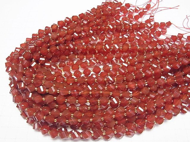 [Video]High Quality! Red Agate AAA Twist x Multiple Facets 7.5x6.5x6.5mm 1strand beads (aprx.15inch/36cm)