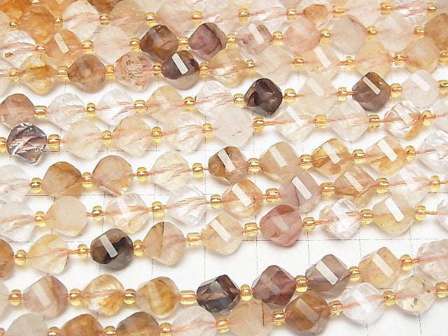 [Video]High Quality! Yellow Hematite Quartz Twist x Multiple Facets 8x7x7mm half or 1strand beads (aprx.14inch/35cm)