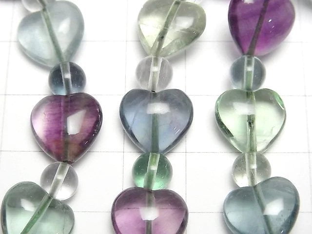 [Video] Multicolor Fluorite AAA Vertical Hole Heart Shape 12mm & Round 6mm Bracelet