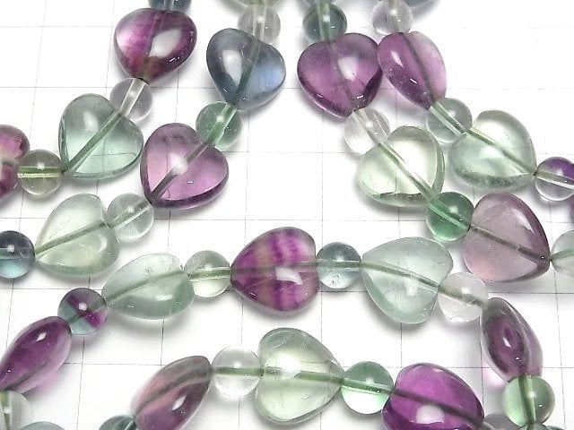 [Video] Multicolor Fluorite AAA Vertical Hole Heart Shape 12mm & Round 6mm Bracelet