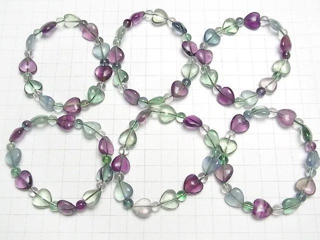 [Video] Multicolor Fluorite AAA Vertical Hole Heart Shape 12mm & Round 6mm Bracelet