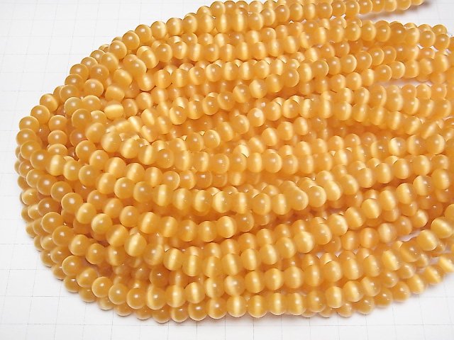 [Video] Yellow orange color Cat's Eye Round 7.5mm 1strand beads (aprx.13inch/32cm)