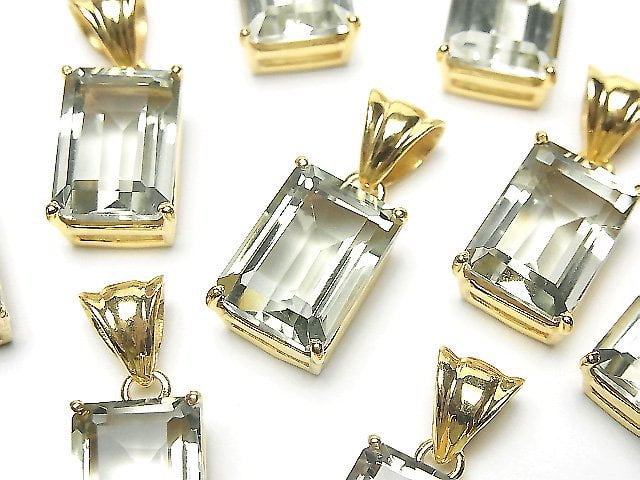 [Video]High Quality Green Amethyst AAA Rectangle Faceted Pendant 14x10mm 18KGP 1pc