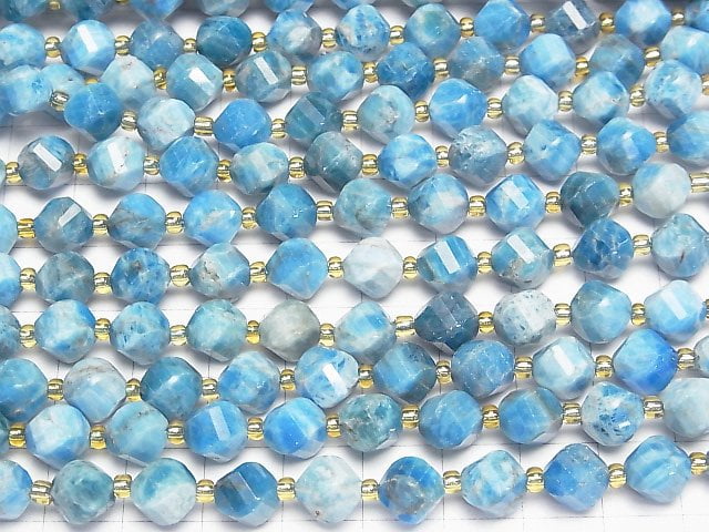 [Video]High Quality! Madagascar Blue Apatite AA Twist x Multiple Facets 8x7x7mm half or 1strand beads (aprx.14inch/35cm)
