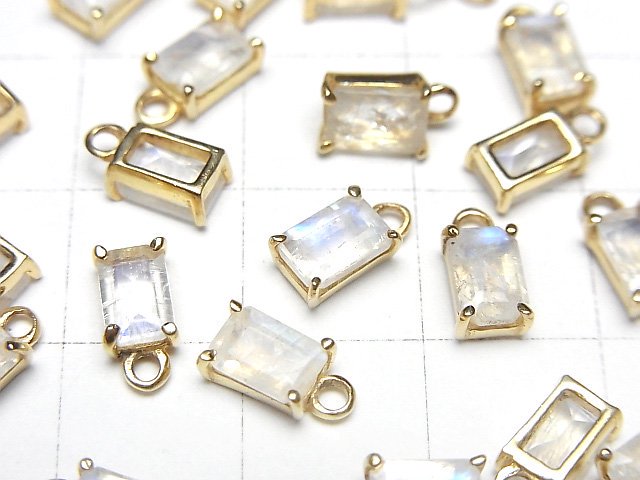 [Video]High Quality Rainbow Moonstone AA++ Bezel Setting Rectangle Faceted 6x4mm 18KGP 2pcs