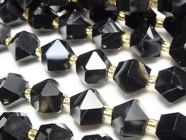 [Video] High Quality! Black Striped Agate 14-Faceted Round 8.5x10x10mm Half or 1-Strand Beads (approx. 15inch/36cm)