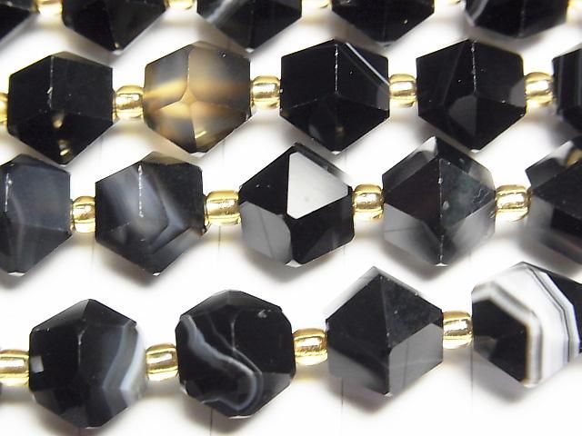 [Video] High Quality! Black Striped Agate 14-Faceted Round 8.5x10x10mm Half or 1-Strand Beads (approx. 15inch/36cm)