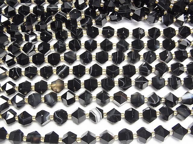 [Video] High Quality! Black Striped Agate 14-Faceted Round 8.5x10x10mm Half or 1-Strand Beads (approx. 15inch/36cm)