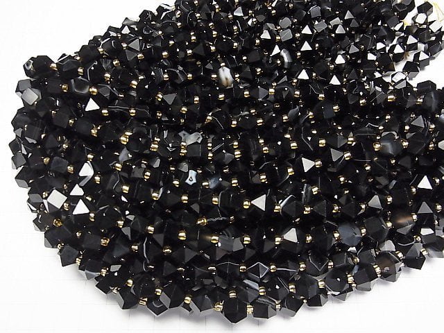 [Video]High Quality! Brown-Black Agate 14Faceted Round 8.5x10x10mm half or 1strand beads (aprx.15inch/37cm)