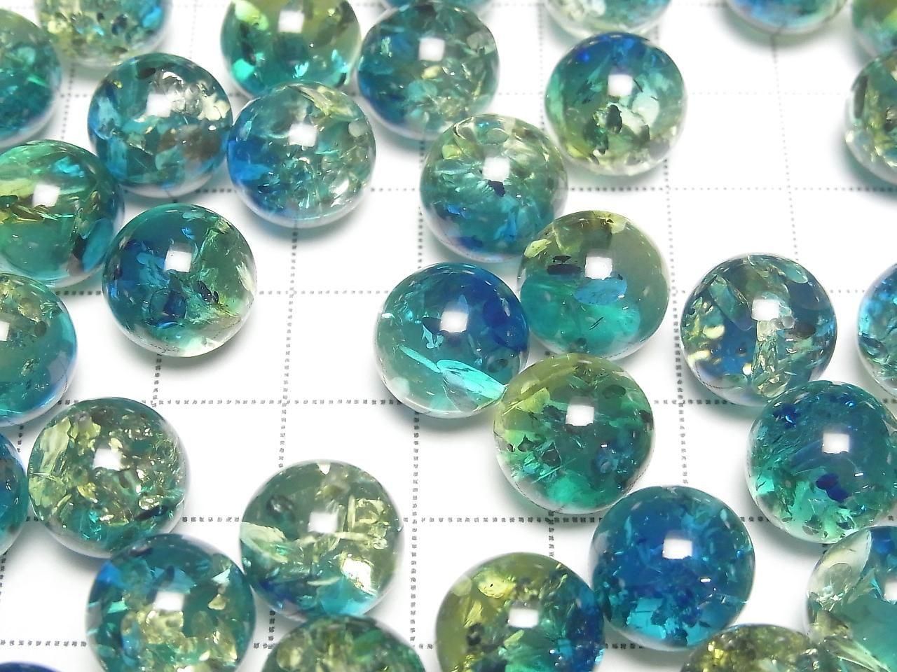 Ambre vert-bleu craquelé, trou à moitié percé, rond 12mm, 2 pièces