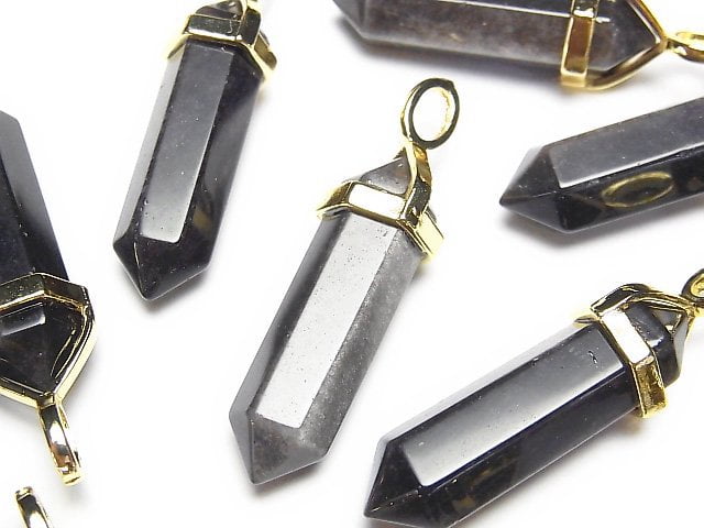 [Video]Silver Obsidian AAA Double Point Pendant 32x8x8mm Gold color 3pcs