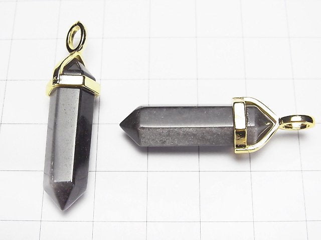 [Video]Silver Obsidian AAA Double Point Pendant 32x8x8mm Gold color 3pcs