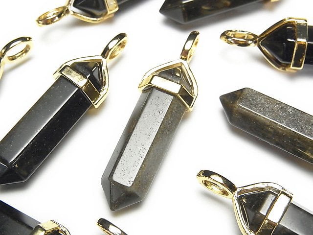 [Video] Golden Obsidian AAA Double Point Pendant 32x8x8mm Gold color 3pcs