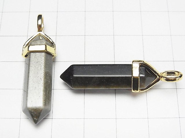 [Video] Golden Obsidian AAA Double Point Pendant 32x8x8mm Gold color 3pcs