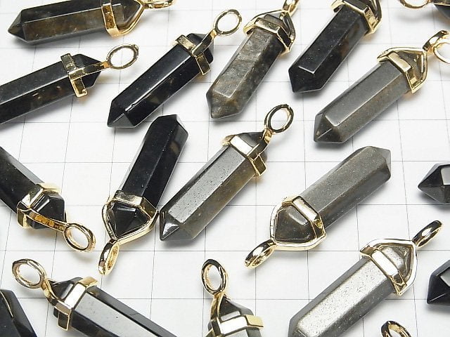 [Video] Golden Obsidian AAA Double Point Pendant 32x8x8mm Gold color 3pcs