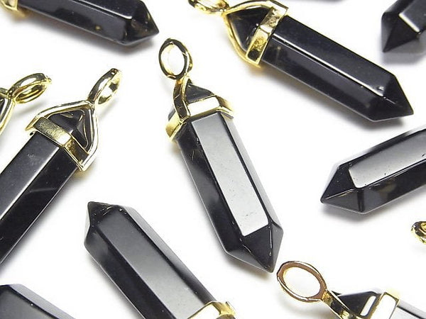 [Video] Black Obsidian AAA Double Point Pendant 32x8x8mm Gold color 3pcs