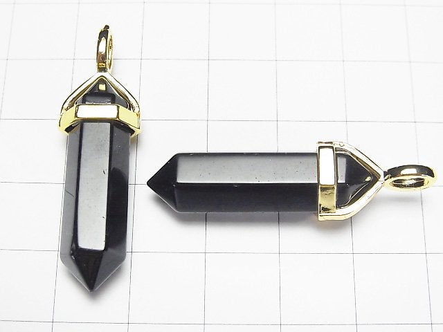 [Video] Black Obsidian AAA Double Point Pendant 32x8x8mm Gold color 3pcs